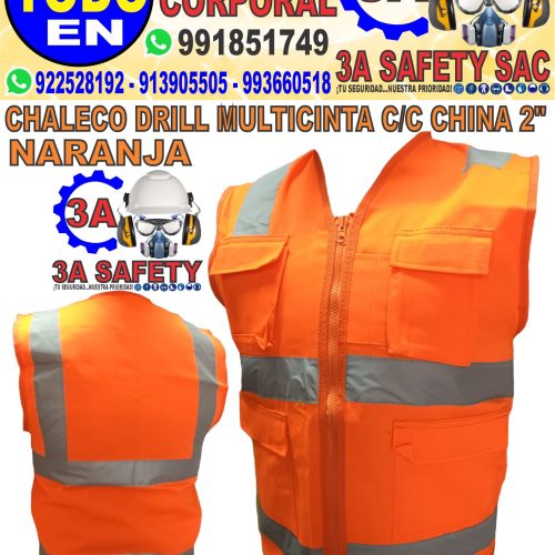 CHALECO DRILL TEC NARANJA, 4 BOLS. C/CINTA REF. 2” CHINA/4 BANDAS