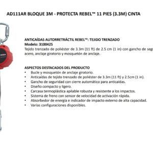 BLOQUE (AD111AR) RETRACTIL PROTECTA REBEL 3M DE 11 PIES (3.3M) 3100425