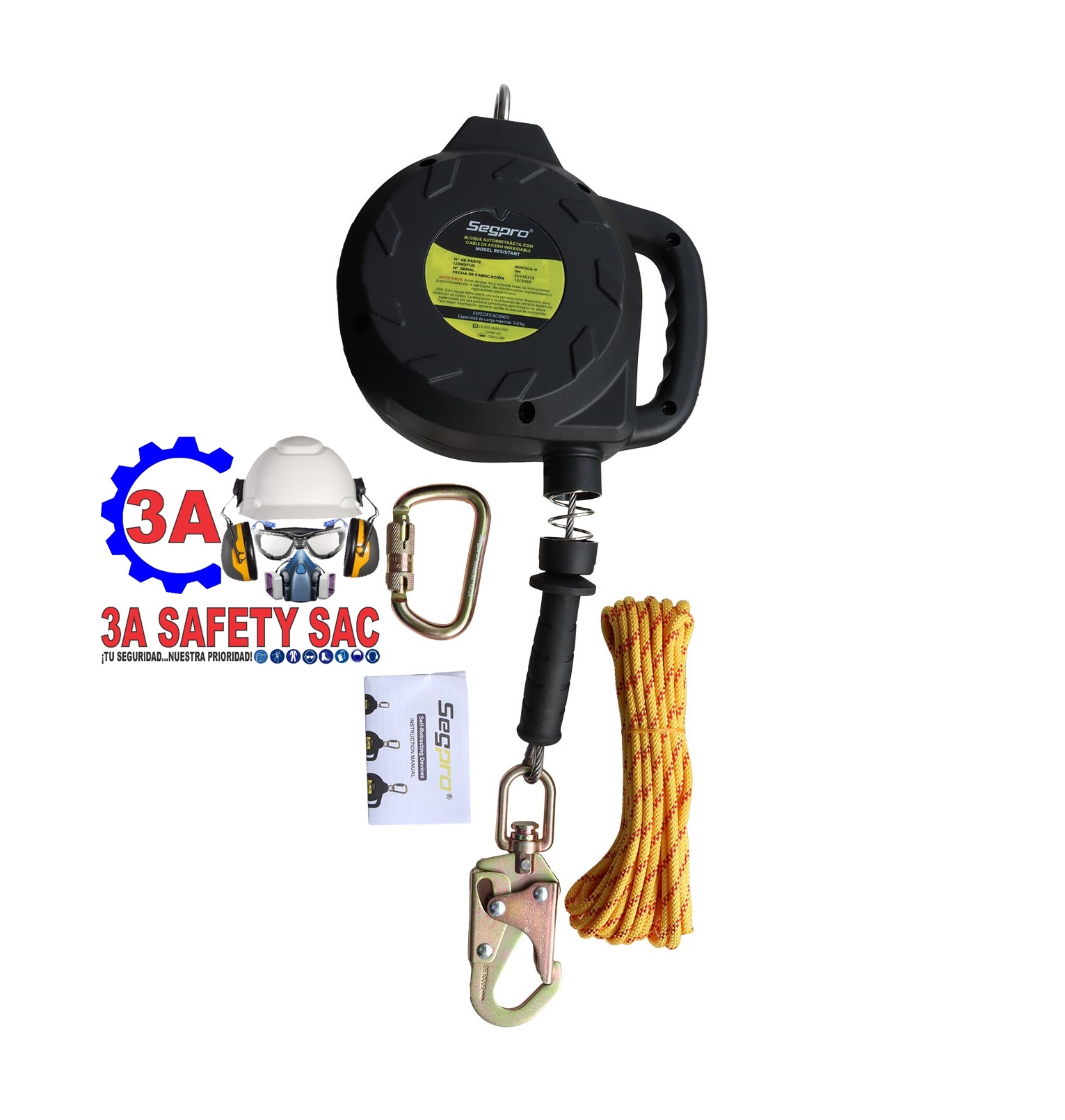 BLOQUE RETRACTIL 9 MTS LARGO NEGRO CON CABLE DE ACERO INOXIDABLE SEGPRO ANZI (Z359.14-2021) (BRRESCA-9)