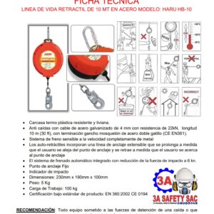 BLOQUE RETRACTYL (L/VIDA) HARU HB-10 (10 MTs) CABLE DE ACERO GALVANIZADO ANSI Z359.14-2014 / ISO9001:2008
